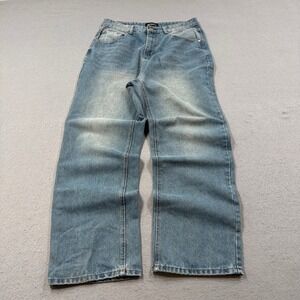 Y2K Baggy Jeans Men's 32 Light Wash Wide Leg Skater Streetwear Broken Threads